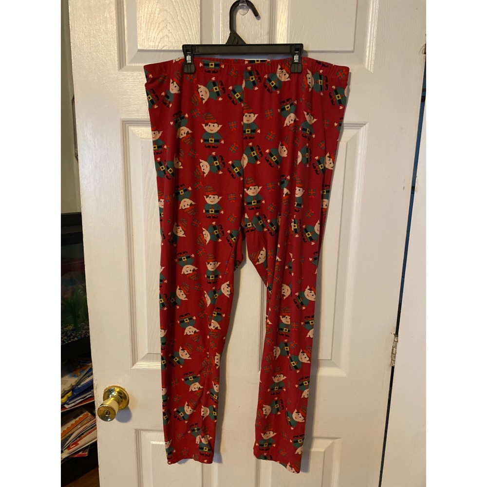 Just-Oni Christmas Elf Print Leggings Womens 3X Red Holiday Pajama Pants Stretch